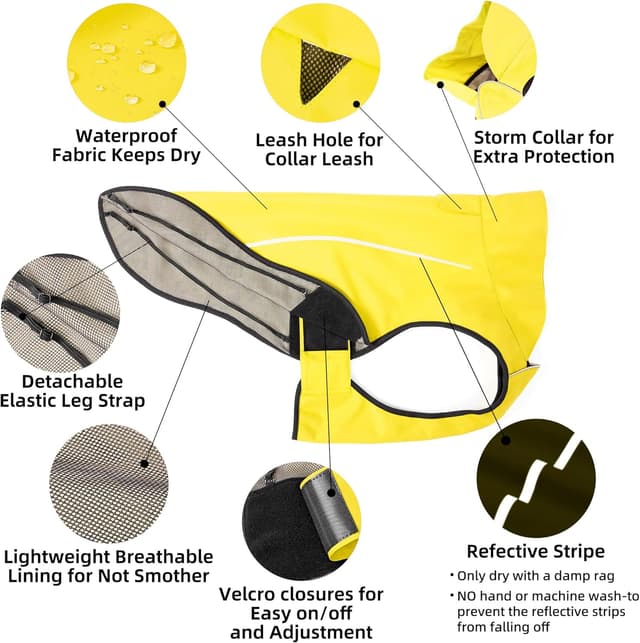Detalle de Mile High Life dog raincoat (XXS, Yellow) – lightweight waterproof jacket with reflective stripe