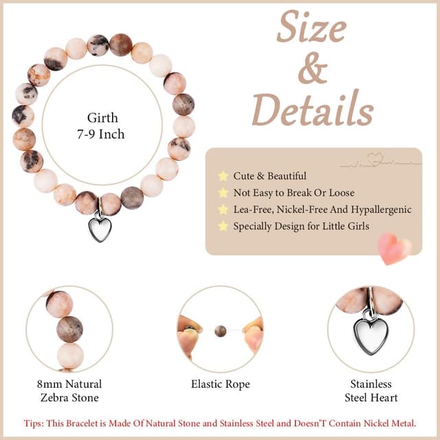 Detalle 2 de Aucuu braccialetti per bambini in pietra naturale con cuore, regalo per ragazze (compleanno e Natale)