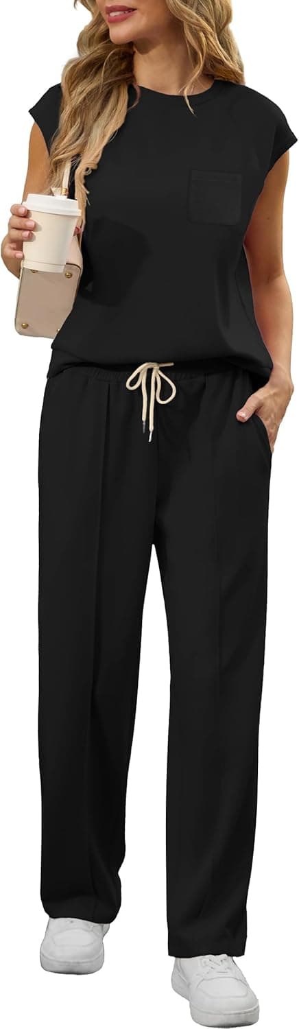 Detalle de GRECERELLE women’s two-piece summer lounge tracksuit set (short sleeve top & jogging bottoms)