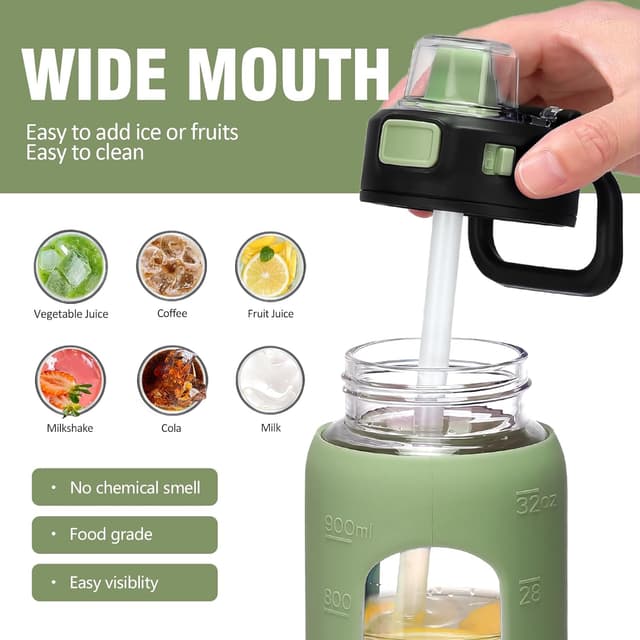 Detalle de BLUEGO 900ml glass water bottle with straw