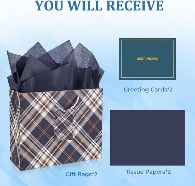 Detalle 2 de Mifferer medium gift bags (2 pcs) with tissue paper, cards and ribbon wrappers – 24.5 x 19.5 x 9.5cm