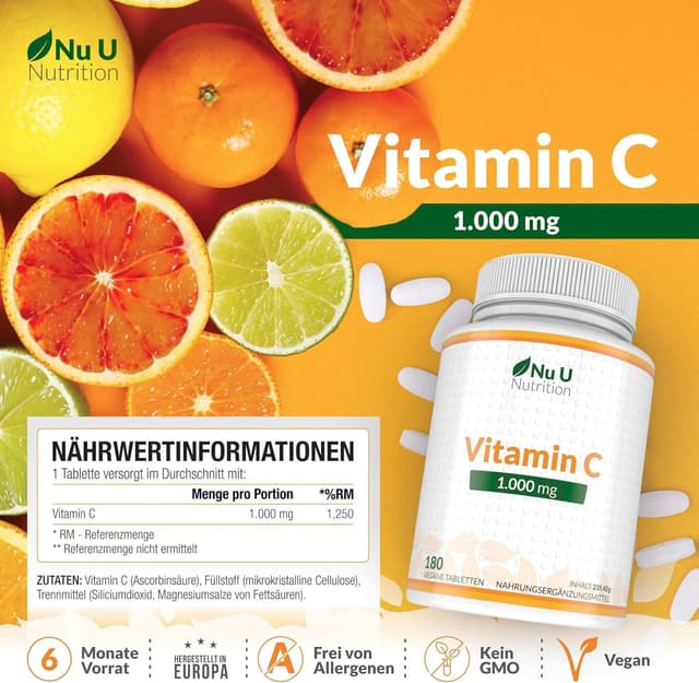 Detalle 2 de Nu U Nutrition Vitamin C 1000mg Hochdosiert 180 Vegane Tabletten