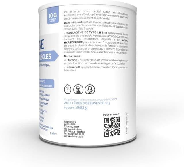 Detalle de Arkopharma Collagène Peau Cheveux Os & Muscles 260 g — complément alimentaire pour peau, cheveux, ongles, os et muscles