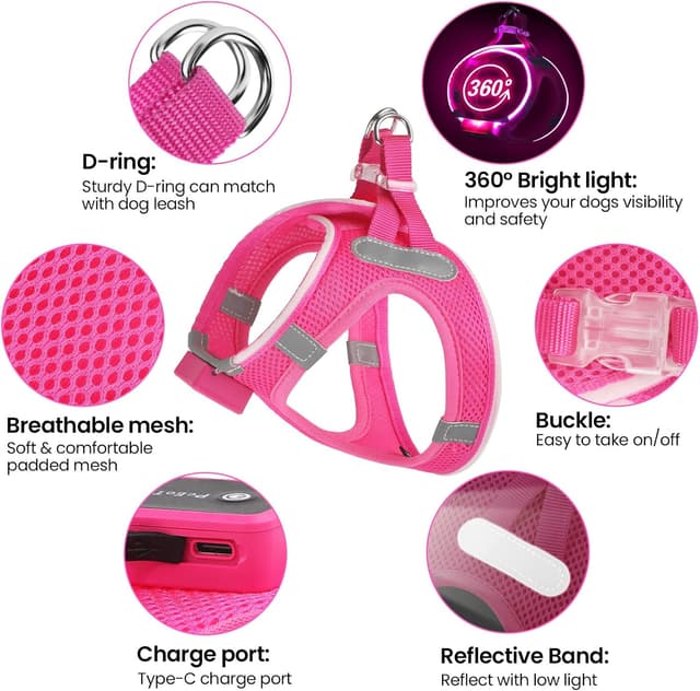 Thumbnail 3 de Light Up Dog Harness with Rechargeable LED (Waterproof, Reflective) – Pink XS