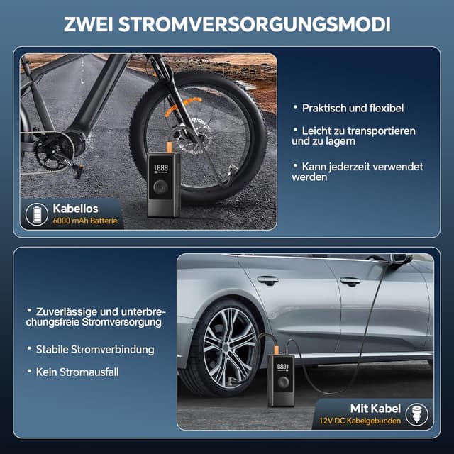 Detalle de Elektrische Luftpumpe 150 PSI – tragbarer Akku Mini-Kompressor mit digitaler Anzeige, LED-Licht & USB-Laden