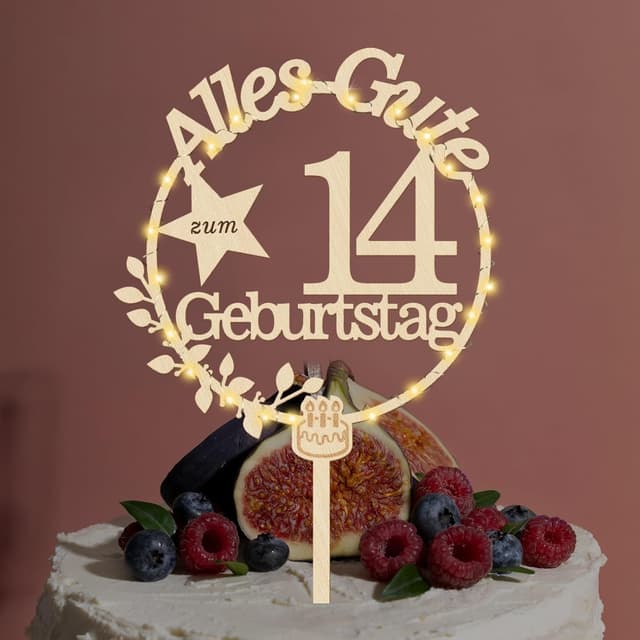 Detalle 1 de Giftota Cake Topper 14. Geburtstag Holz mit LED 🎂
