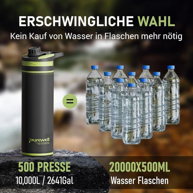 Detalle de Purewell Press-Filter-Flasche 500 ml – Trinkflasche mit Druck-Filtersystem und 0,01 µm UF-Membran