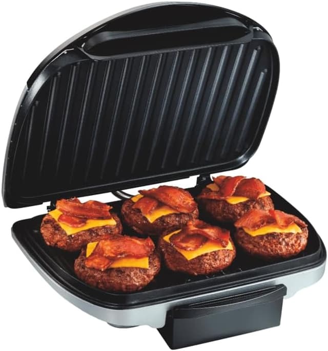 Detalle de Hamilton Beach Electric Indoor Grill (25371) — 6-Serving, Nonstick Easy-Clean Plates, Floating Hinge