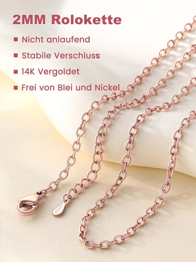 Detalle de FOCALOOK Edelstahl Kette Damen – dünne Rolokette (316L) als Ersatzkette für Anhänger, silber/gold/roségold/schwarz wählbar