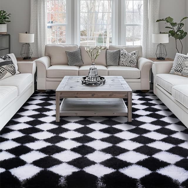 Detalle de FVVRAX Checkered Fluffy Rug (200x300cm) in Black & White