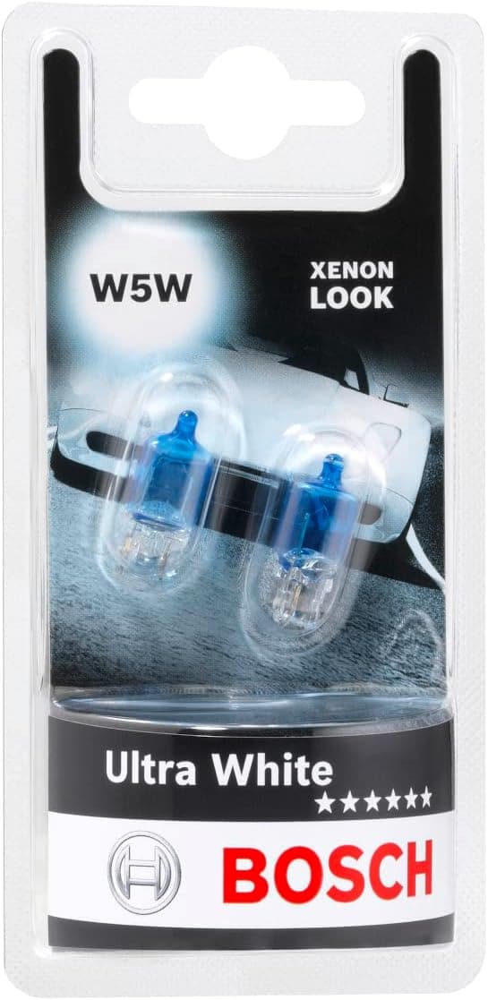 Detalle de Bosch W5W Ultra White (12 V, 5 W) culot W2,1x9,5d — 2 ampoules halogènes pour phare, look LED moderne