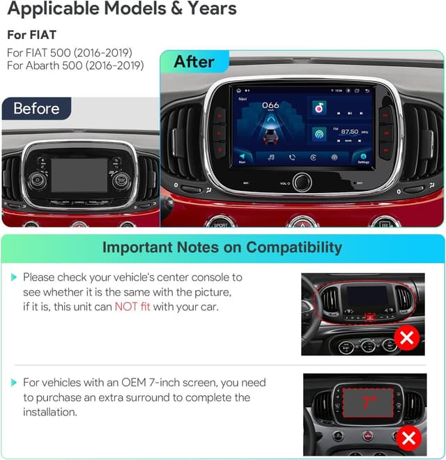 Detalle de XTRONS 7-inch car stereo for Fiat/Abarth 500 (2016–2020), Octa‑Core 4GB+128GB with GPS, CarPlay/Android Auto and 4G LTE