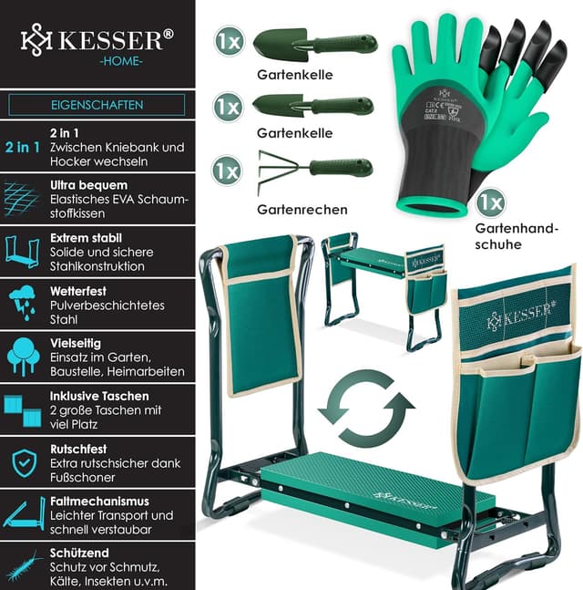 Detalle de KESSER® 2-in-1 XXL Kniebank für Gartenarbeit (klappbar) mit Werkzeugtaschen und Handschuhen