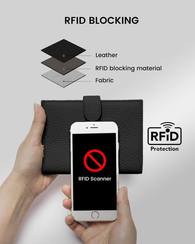 Detalle de Portefeuille porte-passeport mince en cuir RFID avec porte-cartes et poche zippée – Noir