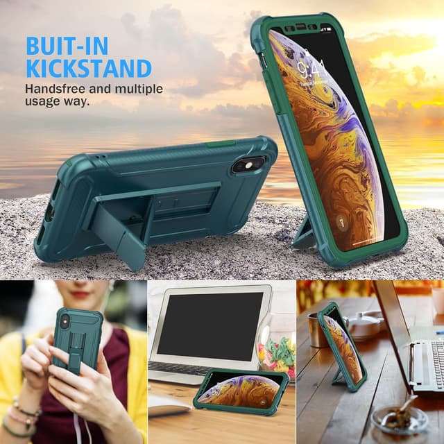 Detalle de ORETECH 5-in-1 Schutzhülle für iPhone X/XS (5,8 Zoll), stoßfest inkl. 2 Schutzfolien & Ständer – grün