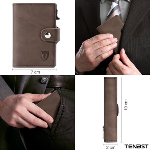 Detalle de TENBST Cartera Tarjetero RFID con bloqueo, billetera pop-up automática de cuero (marrón) para 8 tarjetas