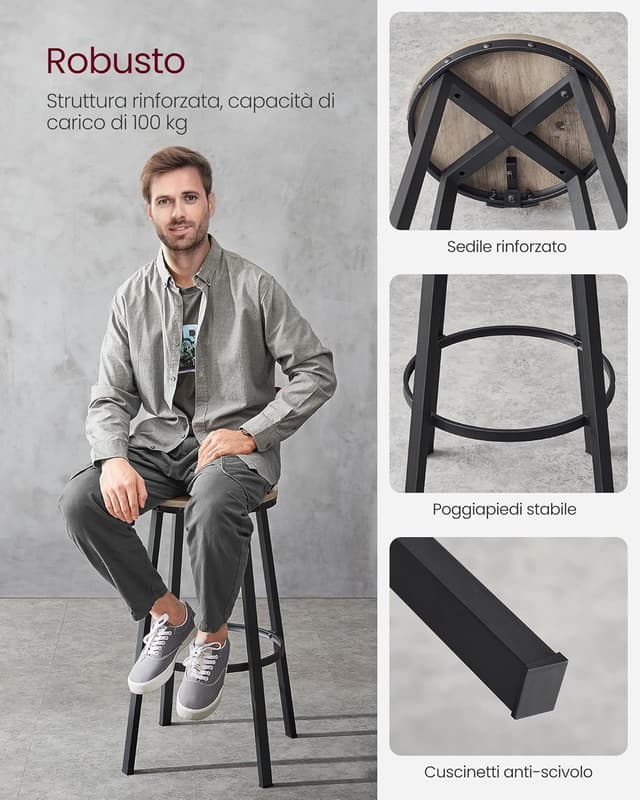 Detalle 2 de VASAGLE set di 2 sgabelli da bar LBC026B02 con schienale, altezza seduta 73 cm, greige e nero