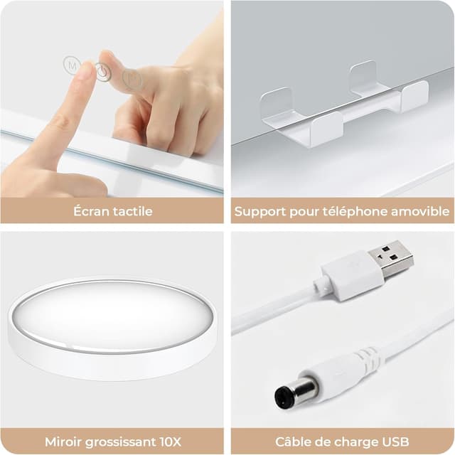 Detalle 2 de Dripex Miroir de maquillage Hollywood LED 14 lumières dimmables 54 x 43 cm avec rotation 360° et miroir x10