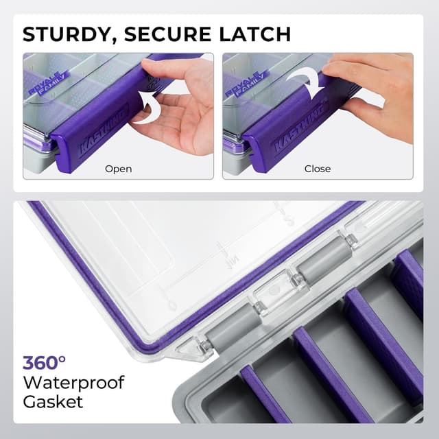 Detalle de KastKing HyperSeal Waterproof Tackle Box (3600/3700), Purple with Removable Dividers