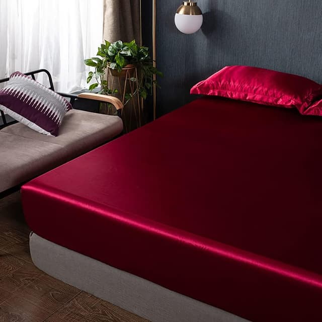 Detalle de Drap-housse satin 160x200 avec bonnet 30 cm Michorinee – Rouge vin, polyester microfibre