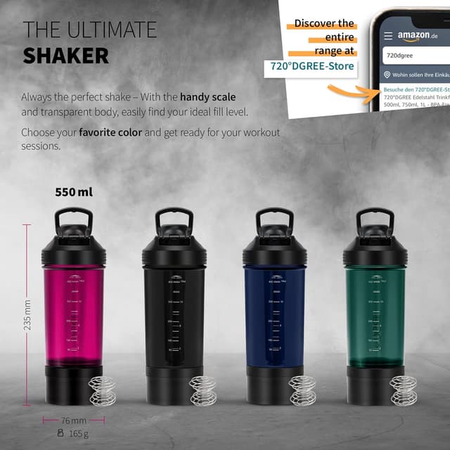 Detalle 2 de 720°DGREE uberShaker Shaker Protéiné 550 ml avec compartiment à poudre – étanche, Tritan sans BPA
