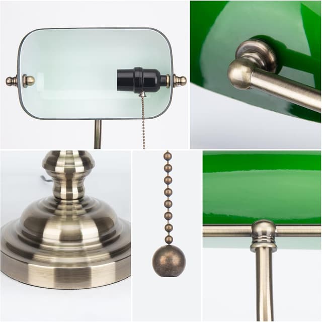 Detalle de Lampe de banquier verte JCPYIUL avec interrupteur à tirette en laiton vintage (E27) pour bureau et lecture