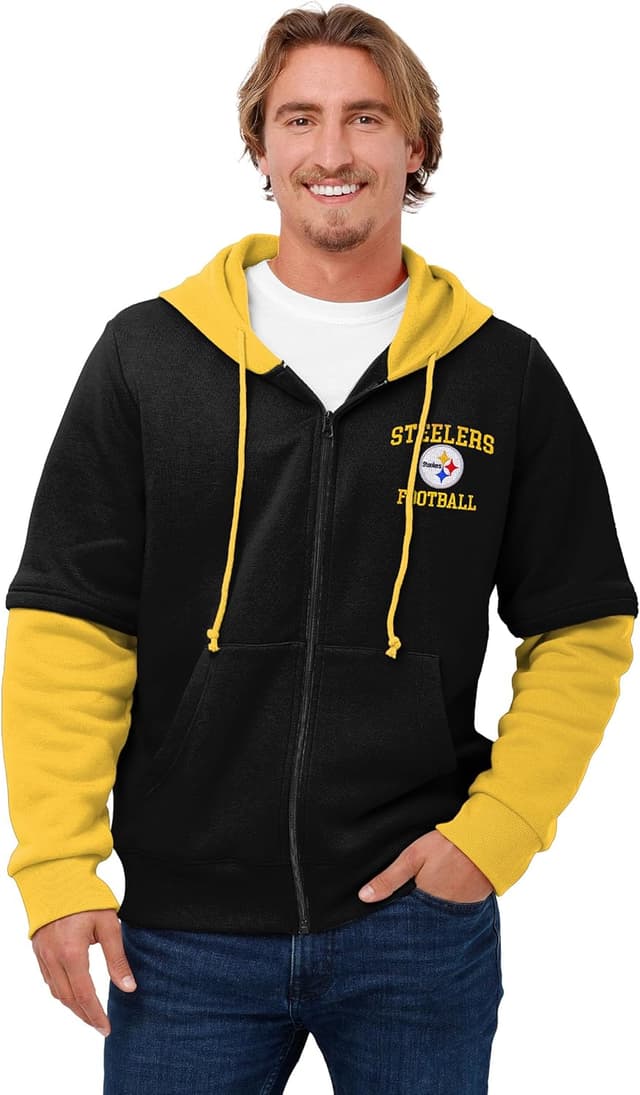 Detalle de FOCO NFL Men’s Team Logo Wordmark Long Sleeve Hooded Button-Up Shirt