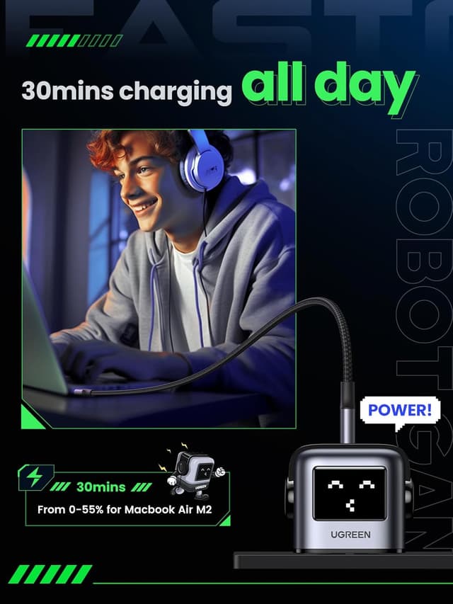 Detalle de UGREEN Uno Charger 65W USB‑C Nexode 3‑Port GaN Charger 🔌