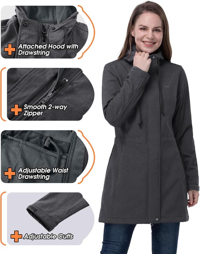 Detalle de 33,000ft women’s softshell jacket with hood — waterproof, windproof and fleece-lined long coat