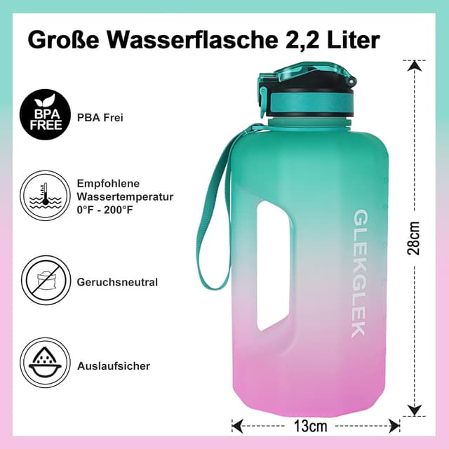 Detalle de GLEKGLEK 2,2-Liter Trinkflasche mit Strohhalm (BPA-frei) – auslaufsicher für Fitnessstudio & Outdoor, Grün/Rosa