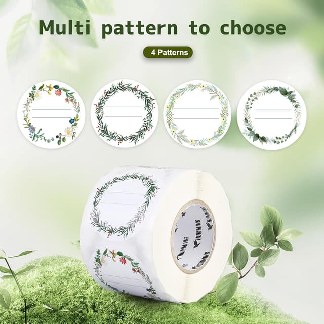 Detalle de AiQInu selbstklebende Etiketten (200 Stück, 5 cm rund) zum Beschriften mit 4 Blumendesigns