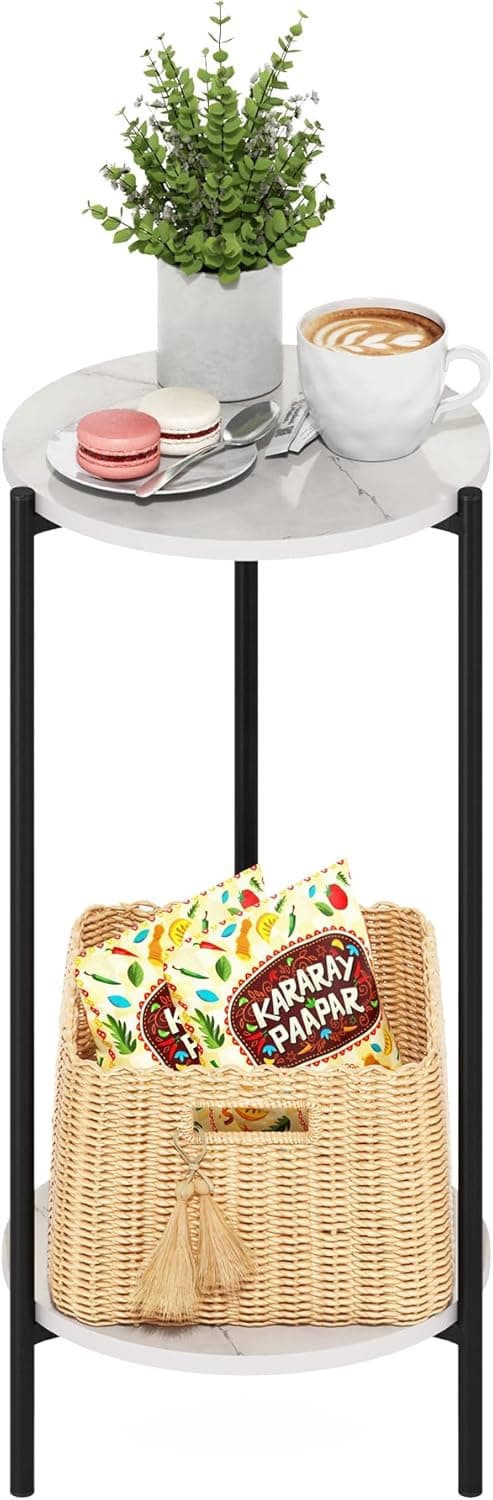 Detalle 2 de Furinno Besi tavolino moderno a 2 livelli bianco effetto marmo con gambe in metallo