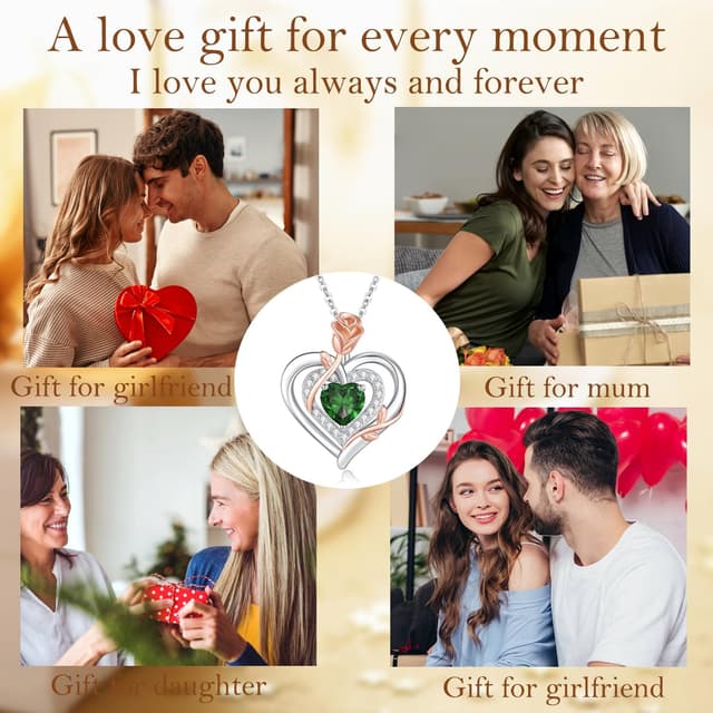 Detalle 2 de LAVUMO Collier femme en argent sterling 925 et laiton, pendentif double cœur rose avec pierre de naissance