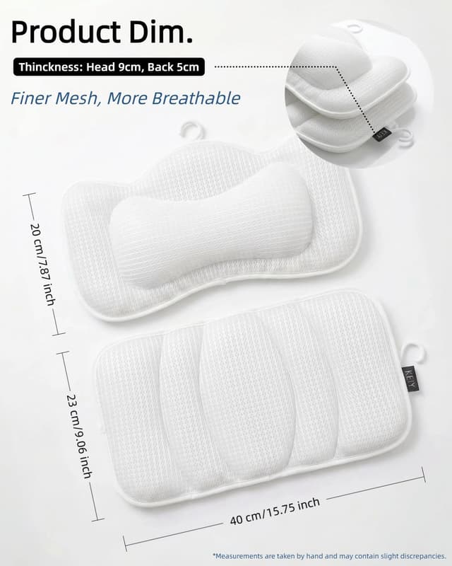 Detalle 2 de KEIY Bath Pillows set (2-piece) with 4D air mesh and 8 suction cups – white