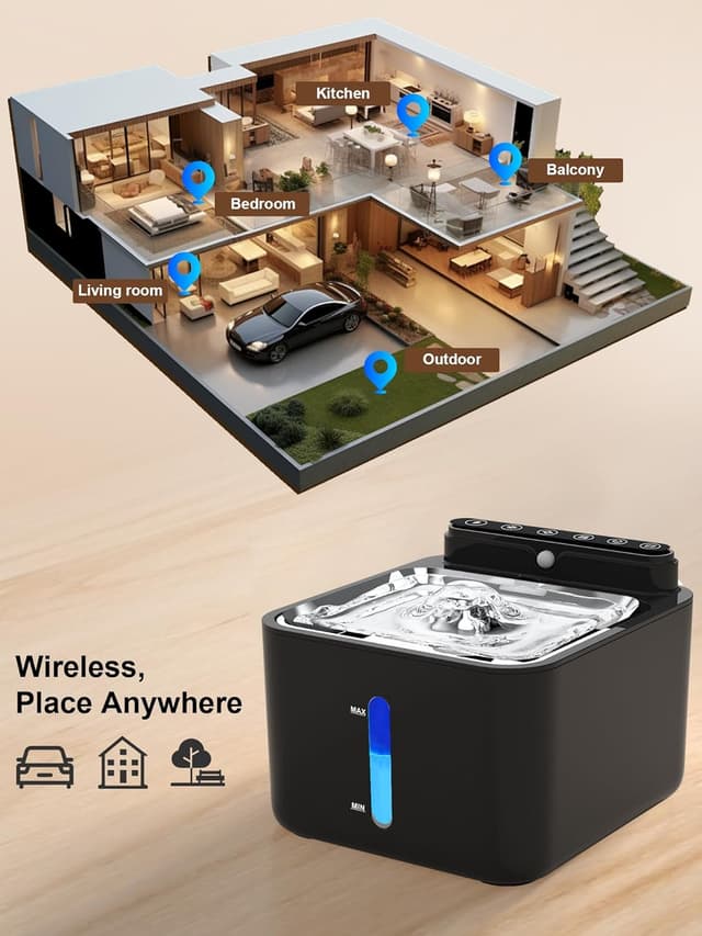 Detalle 2 de PLOOHT Fontaine à eau pour chat sans fil 3,2 L avec détecteur de mouvement et batterie rechargeable 4000 mAh (noir)