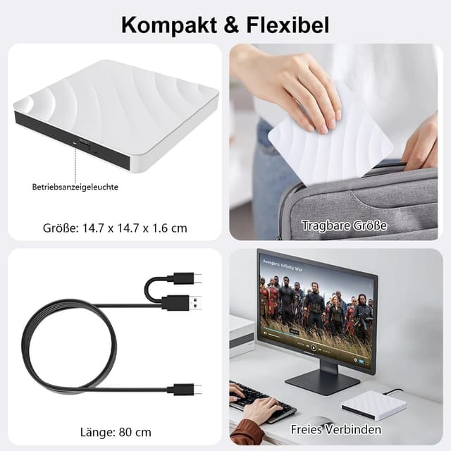 Detalle de Lettore CD/DVD esterno USB 3.0 Masterizzatore DVD per PC portatile (CD/DVD ±RW) compatibile Windows e macOS