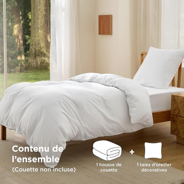 Detalle de Bedsure housse de couette 140x200 cm + taie 65x65 cm en microfibre polyester Oeko-TEX blanc