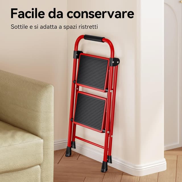 Detalle de KINGRACK Scala a 2 gradini pieghevole rossa con maniglia e pedali antiscivolo