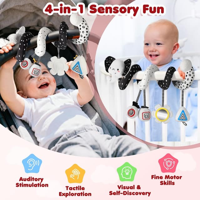 Detalle de URMYWO Spiral Pram Toy for Newborns (0–12 Months) – Black & White High-Contrast Rattles with Giraffe & Hedgehog