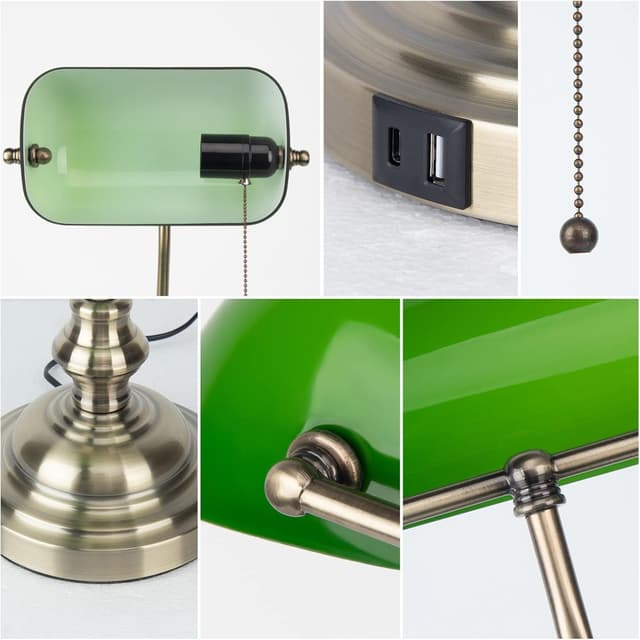 Detalle de Lampe de banquier vintage JCPYIUL verte avec abat-jour pivotant, port USB et interrupteur à chaînette