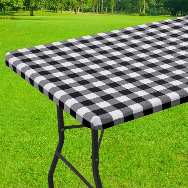 Detalle de Smiry Rectangle Picnic Table Cloth (Elastic, Waterproof Fitted Vinyl) — Black and White, 30" x 72