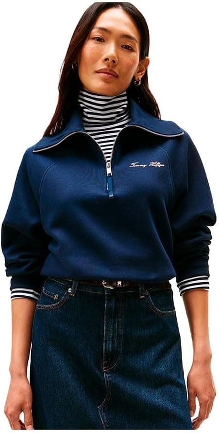 Detalle de Tommy Hilfiger Damen Sweatshirt mit Reißverschluss „Classic Script“ Half-Zip