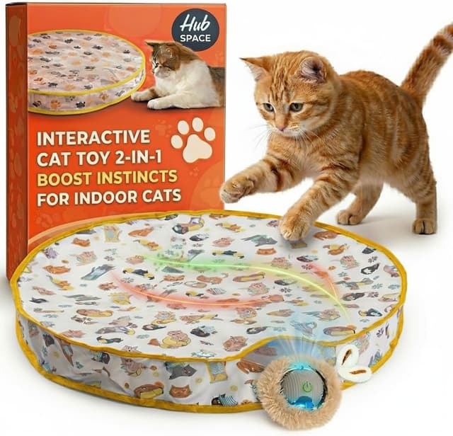 Detalle de Hubspace Interactive Cat Toys for Indoor Cats (Adult) – 2-in-1 Hide and Seek Play Mat with Moving Ball, Crinkle Pouch