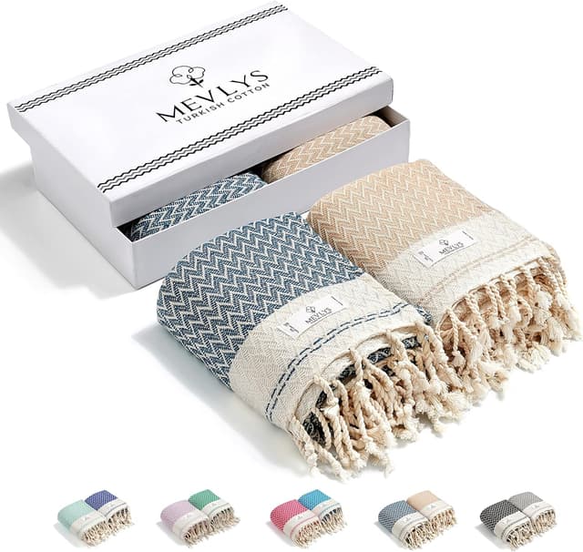 Detalle de MEVLYS Saunatuch & Hamamtuch im 2er-Set (Baumwolle), 100 x 180 cm – Petrol Blau/Pastellbeige