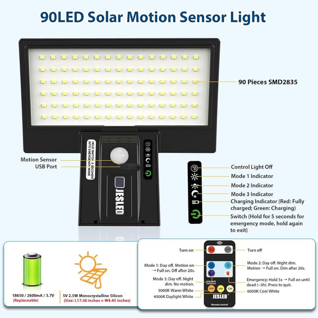 Detalle de JESLED Solar Lights with Motion Sensor (90 LEDs) and Remote Control – IP65 Wall Light for Garden, Garage & Yard