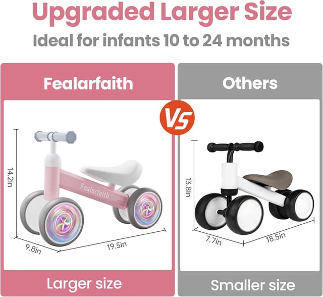 Detalle de Baby Balance Bike (12–24 Months) with 4 LED Lighting Wheels, Baby Pink