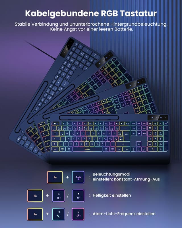 Detalle 2 de seenda KOE200 kabelgebundene beleuchtete Tastatur mit USB-A- & USB-C, ergonomisch mit Handgelenkauflage