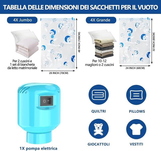 Thumbnail 6 de SZO Sacchetti sottovuoto per piumoni con pompa elettrica Viaggio Sgonfiaggio rapido, 8 pezzi (4 jumbo + 4 grandi)