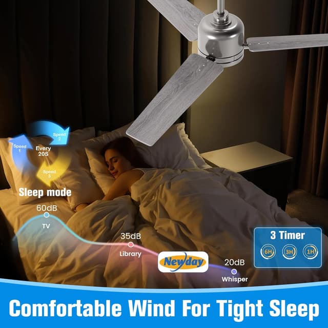 Detalle 2 de Newday Deckenventilator Holz & Silber 122 cm mit Beleuchtung, dimmbar & Fernbedienung