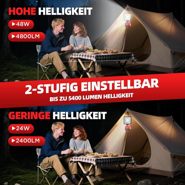 Detalle 2 de Akku Lampe für Einhell PXC 18V Akku – 48W LED Arbeitsleuchte mit 4.800 lm und 2 USB (ohne Akku)